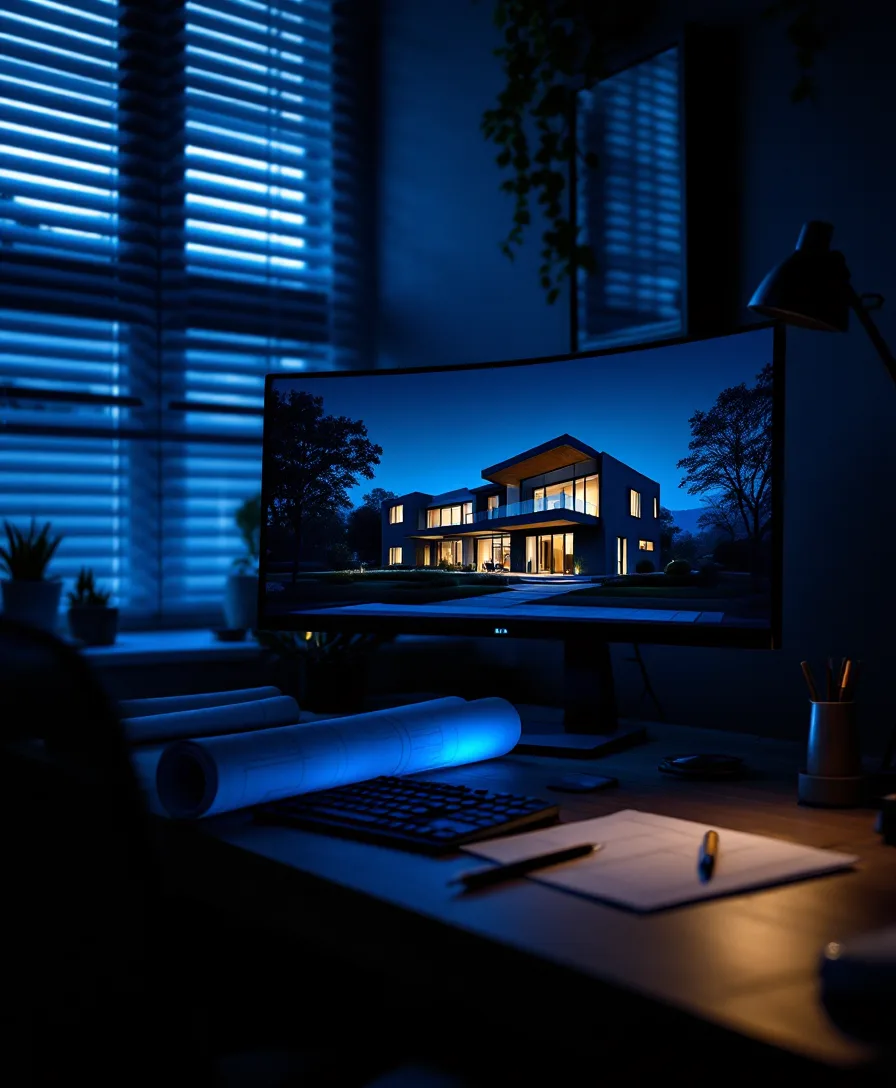 A dim studio desk with a monitor showing a dusk-lit house render beside rolled drawings
